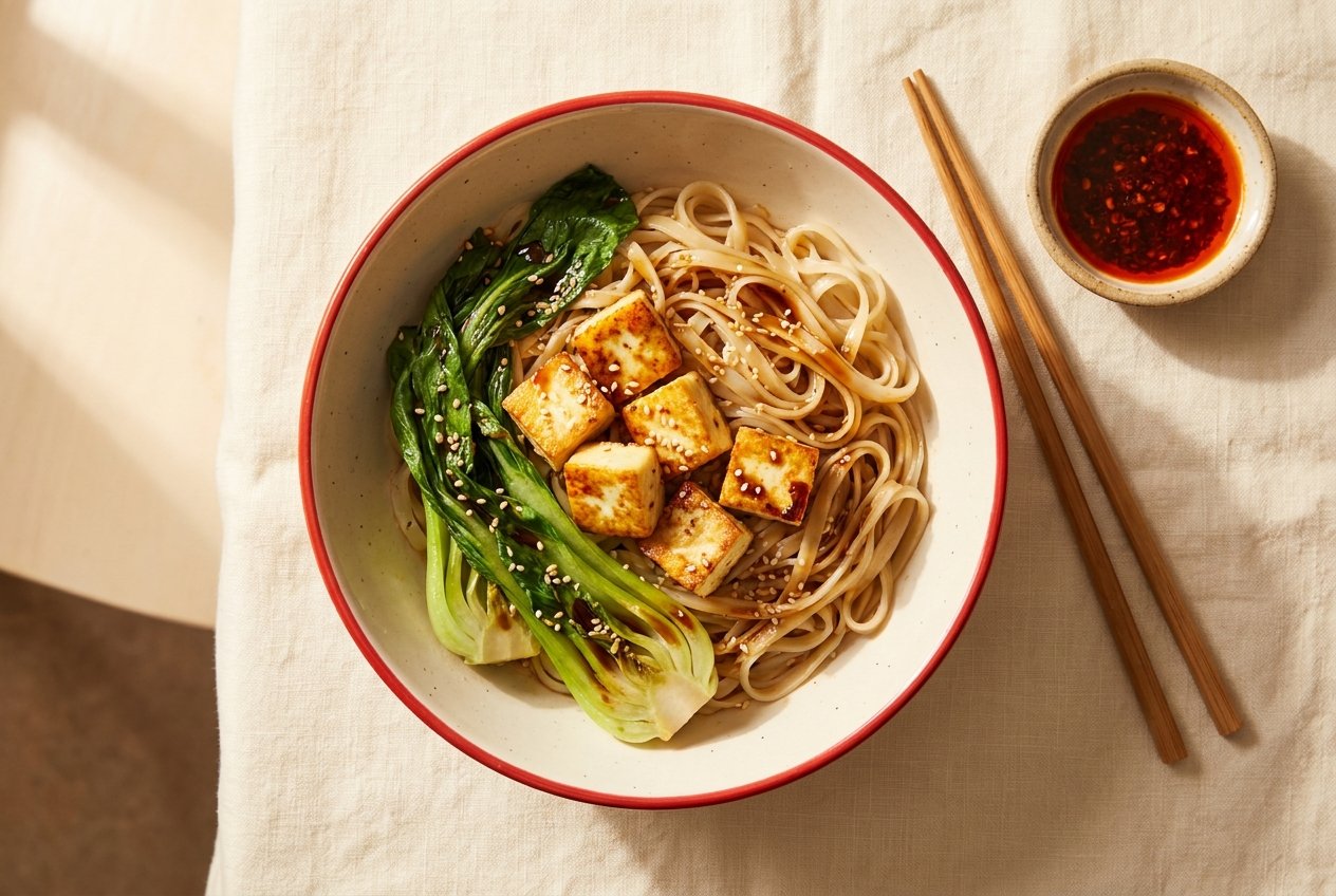 Noodle bowl topped with bok choy and chilli