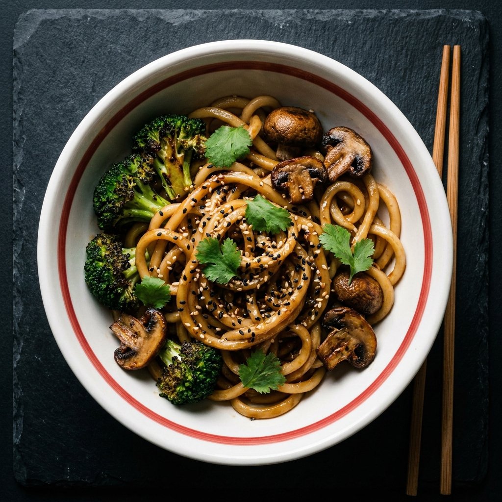 Udon with vegetables and sesame-soy