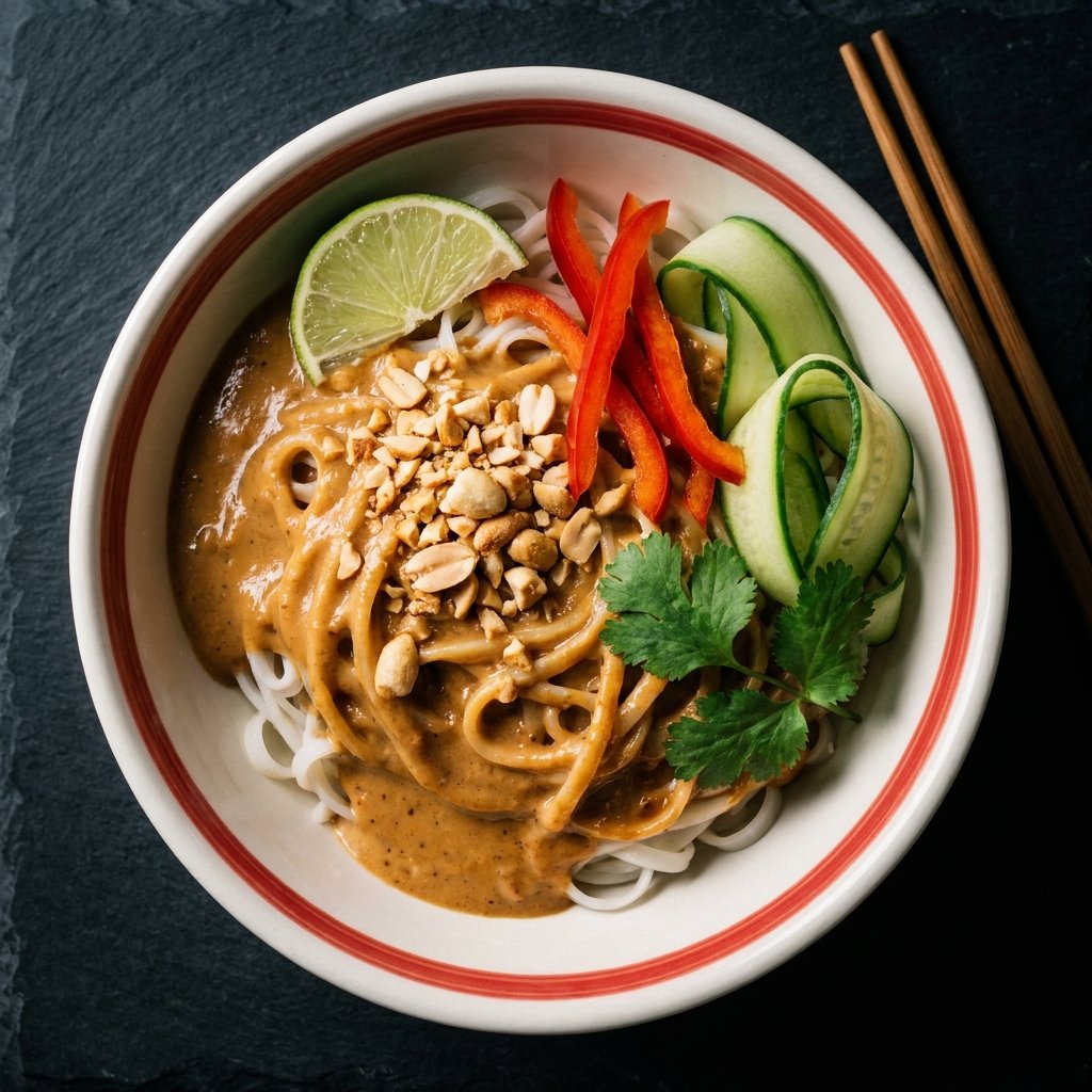 Rice noodles with peanut satay and lime