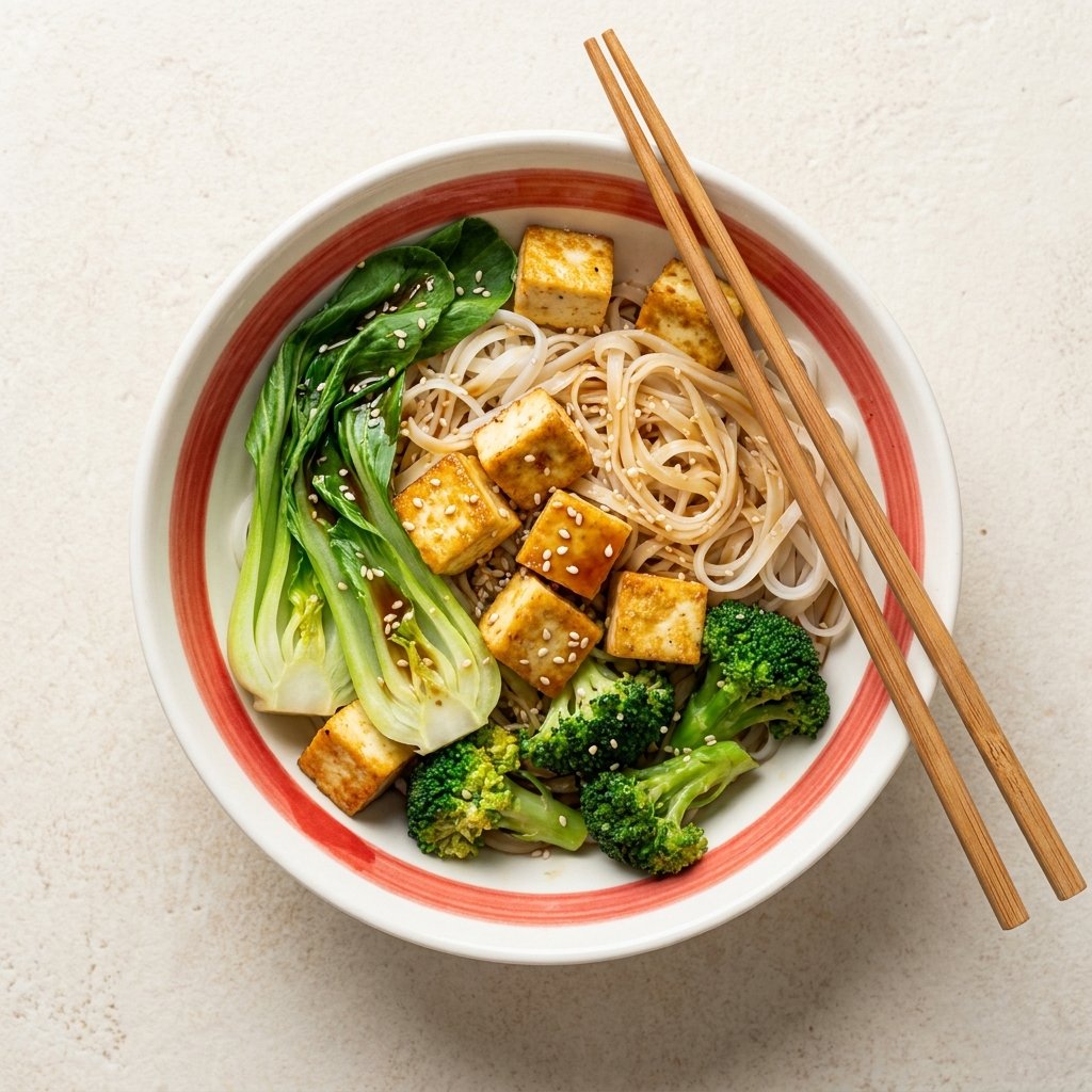 Rice noodles with paneer, bok choy and sesame-soy